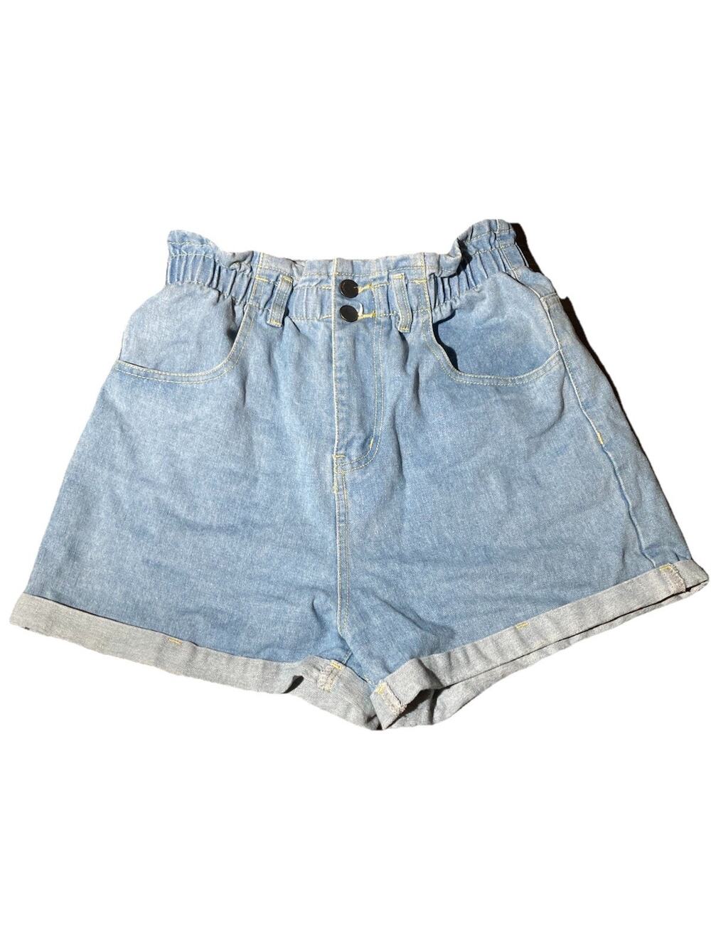 Plaid & Plain Blue Light High Waist Paperbag Elastic Shorts Women’s Size Medium